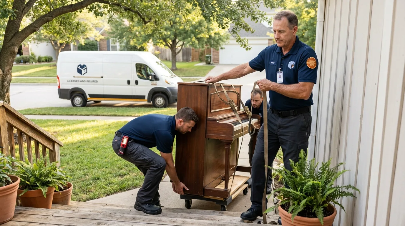 Licensed piano movers securing grand piano in Colby, WI