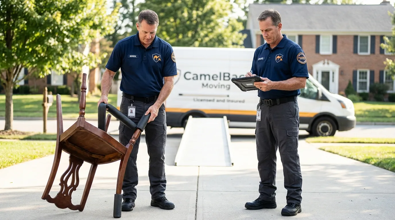 Movers inspecting furniture for damage prevention before loading in Colby, WI