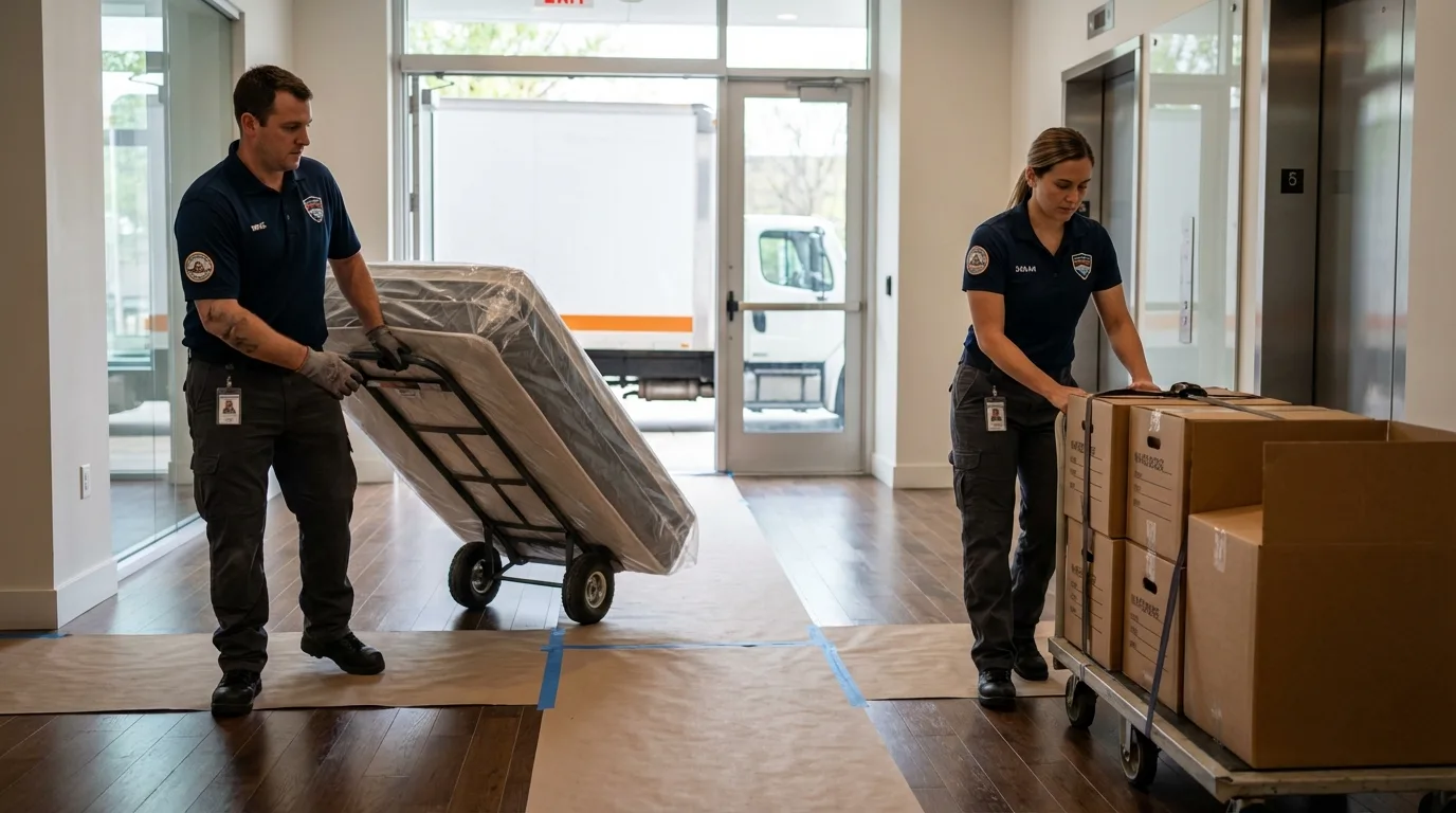 Professional apartment movers loading elevator in Colby, WI